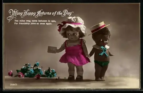 AK Puppenpaar mit Brief und Blumen, Geburtstagsgruss