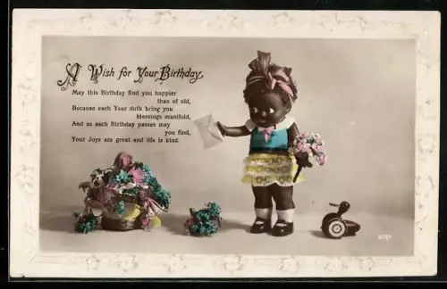 AK Dunkelhäutiges Puppenmädchen mit Spielzeugente, Brief u. Blumen, Geburtstagsgruss