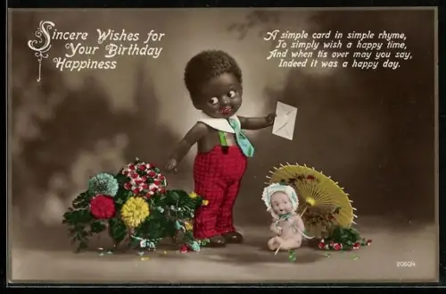 AK Geburtstagsgrüsse, Puppe überbringt einen Brief