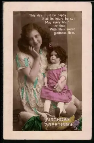 AK Junges Mädchen mit Puppe im Rüschenkleid, Geburtstagsgruss