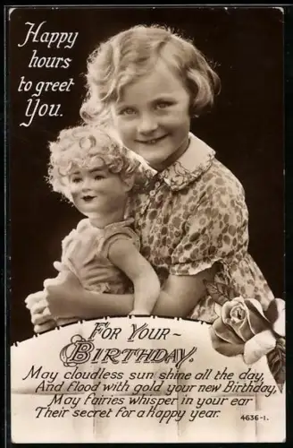 AK Kleines Mädchen mit lockiger Puppe, Geburtstagsgruss