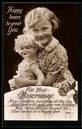 AK Lächelndes kleines Mädchen mit lockiger Puppe, Geburtstagsgruss