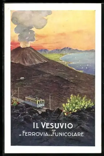 AK Il Vesuvio con la Ferrovia e la Funicolare, Bergbahn vor dem Vulkan
