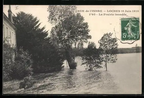 AK Loches, Crue de l`Indre 1910, La Prairie inondée, Hochwasser