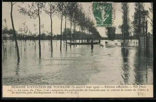 AK Touraine, Semaine d`Aviation 1910, La crue du Cher renverse les palissades de l`aérodrome, Hochwasser