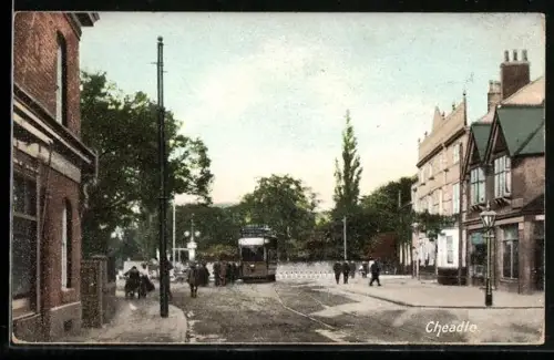 AK Cheadle, Strassenpartie mit Strassenbahn