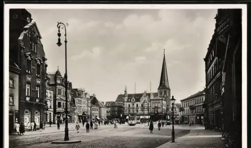 AK München-Gladbach, Markt mit Strassenbahn