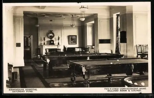 AK Birmingham, Hospital, Saturday Fund, Tyn-y-Coed Convalescent Home, Billiard Room & Lounge