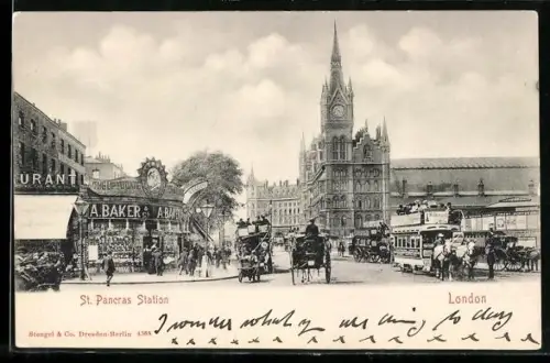 AK London, St. Paneras Station, Bahnhof und Strassenbahn