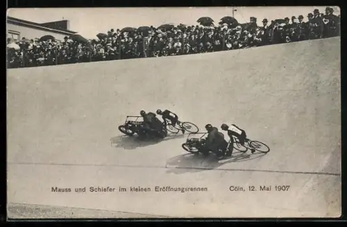 AK Cöln, Steherrennen, Mauss und Schiefer im kleinen Eröffnungsrennen 1907