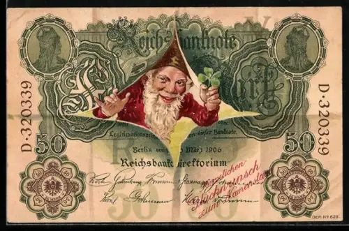 Künstler-AK Zwerg mit Glückskleeblatt entspringt einer Reichsbanknote, Geburtstagsgruss