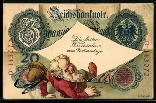 AK Zwerg fällt aus einem Geldschein