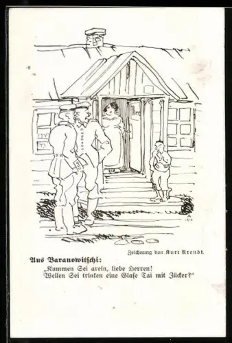 Künstler-AK Frau bittet zwei Männer in ihr Haus