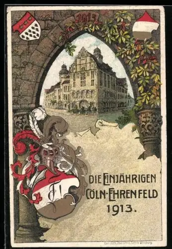 AK Cöln-Ehrenfeld, Absolvia Die Einjährigen 1913, Schulgebäude, Wappen