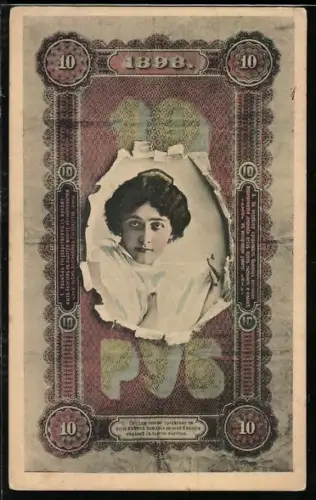 AK Portrait einer attraktiven Frau mit russischem Geldscheinpassepartout