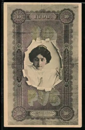 AK Portrait einer attraktiven Frau mit russischem Geldscheinpassepartout