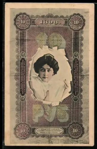 AK Portrait einer attraktiven Frau mit russischem Geldscheinpassepartout