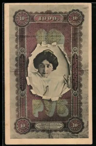 AK Portrait einer attraktiven Frau mit russischem Geldscheinpassepartout