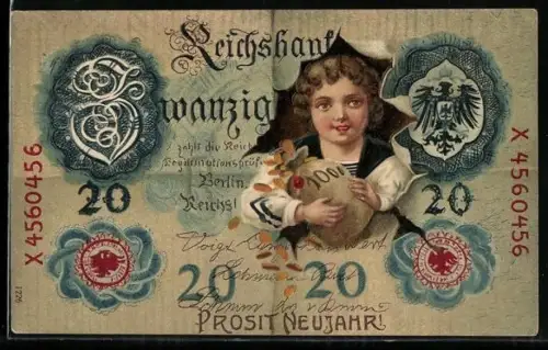 AK Reichsbank Zwanzig Mark, Hübsches Mädchen mit Geldsack