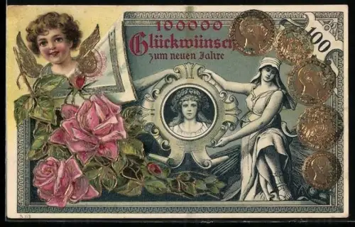 Lithographie Geldmünzen, Putto, Rosen, Porträt, 100000 Glückwünsche