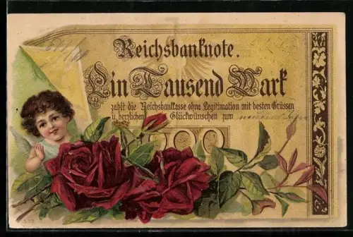 AK Reichsbanknote Ein Tausend Mark, Engel und Rosen, Geld