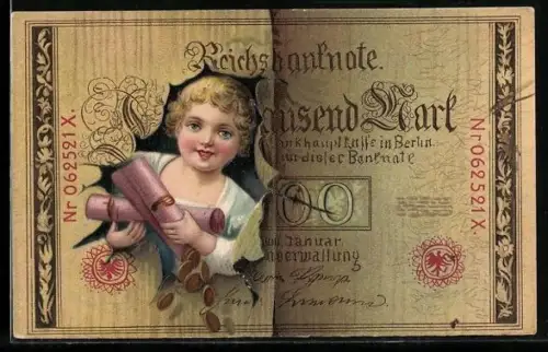AK Mädchen mit Geldmünzen schaut durch Reichsbanknote Ein Tausend Mark