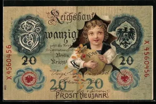 AK Reichsbank Zwanzig Mark, Hübsches Mädchen mit Geldsack
