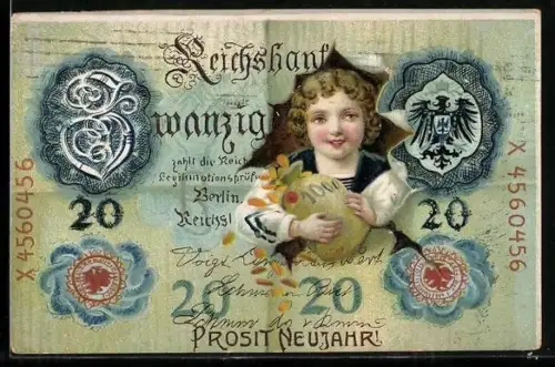 AK Reichsbank Zwanzig Mark, Mädchen mit Sack voller Münzen