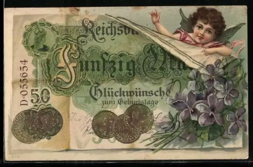 AK Reichsbanknote Fünfzig Mark, Engel und Blumen, Glückwünsche zum neuen Jahre