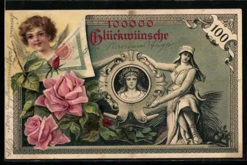 Lithographie Putto, Rosen, Porträt, 100000 Glückwünsche