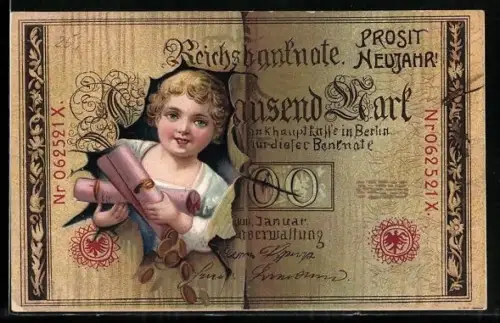 AK Mädchen mit Geldmünzen schaut durch Reichsbanknote Ein Tausend Mark