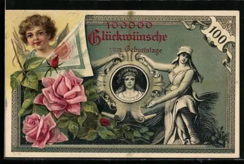 Lithographie Putto, Rosen, Porträt, 100000 Glückwünsche