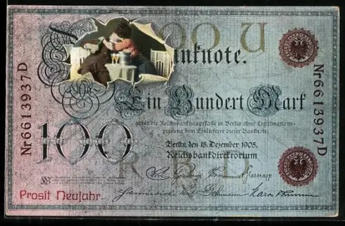 AK Dame und Herr küssen sich hinter Einhundert Mark Schein