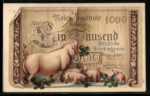AK Geldschein 1000 Mark, Glücksschweine mit Kleeblättern, Neujahr