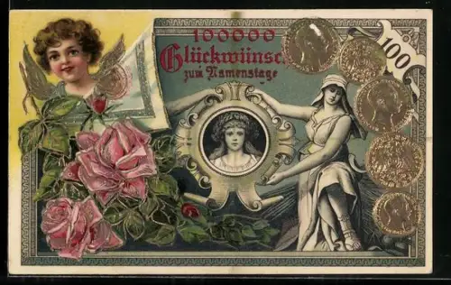 Lithographie Geldmünzen, Putto, Rosen, Porträt, 100000 Glückwünsche