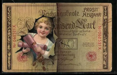 AK Mädchen mit Geldmünzen schaut durch Reichsbanknote Ein Tausend Mark
