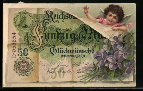 AK Engel blickt über den 50 Mark Schein, Glückwünsche