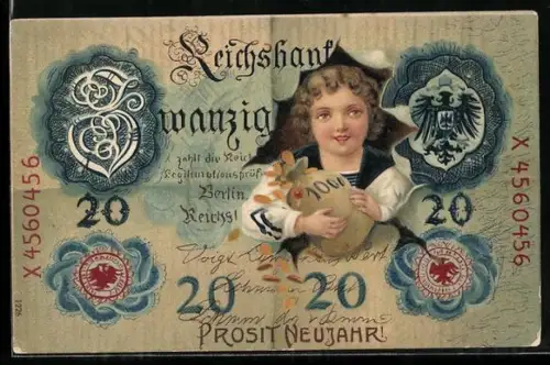 AK Reichsbank Zwanzig Mark, Hübsches Mädchen mit Geldsack
