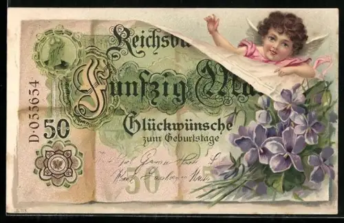 AK Engel blickt über den 50 Mark Schein, Glückwünsche