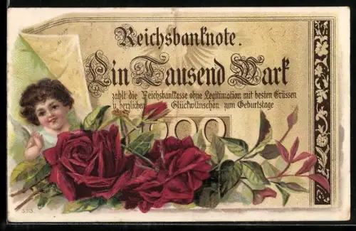 AK Reichsbanknote Ein Tausend Mark, Engel und Rosen, Geld