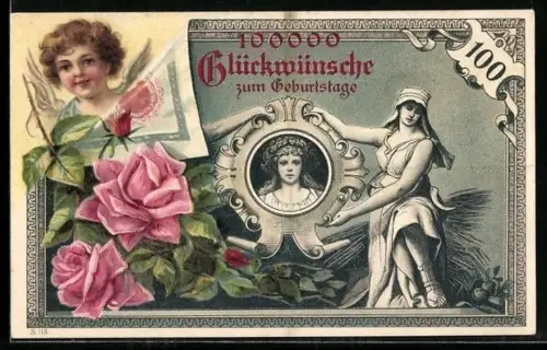 Lithographie Putto, Rosen, Porträt, 100000 Glückwünsche