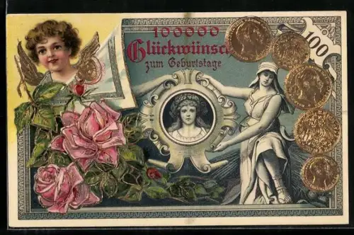 Lithographie Geldmünzen, Putto, Rosen, Porträt, 100000 Glückwünsche