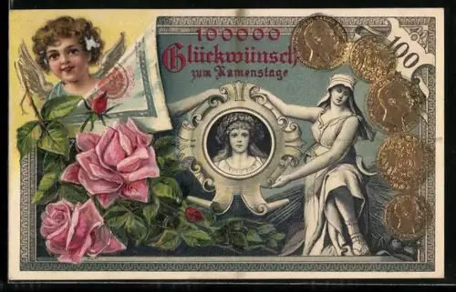Lithographie Geldmünzen, Putto, Rosen, Porträt, 100000 Glückwünsche