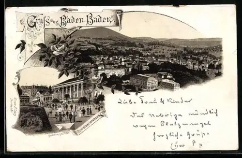 Vorläufer-Lithographie Baden-Baden, 1895, Conversationshaus, Blick auf den Ort
