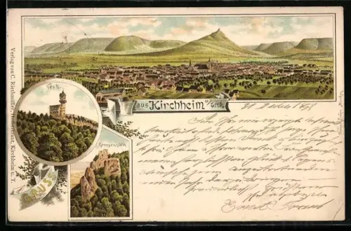 Vorläufer-Lithographie Kirchheim u. Teck., 1894, Reussenstein, Teck, Blick auf den Ort
