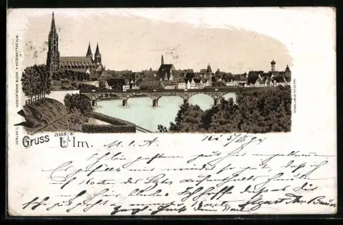 Vorläufer-Lithographie Ulm / Donau, 1894, Flusspartie mit Brücke