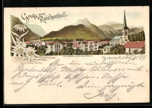 Vorläufer-Lithographie Reichenhall, 1893, Reichenhall vom Gradierhaus gesehen
