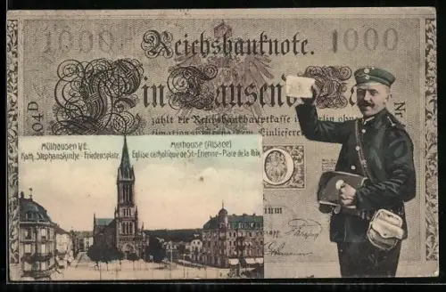 AK Mülhausen i. E., Kath. Stephanskirche, Friedensplatz im Geldscheinpassepartout