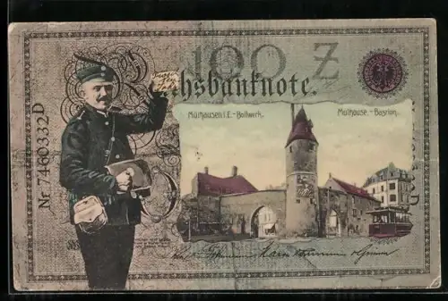 AK Mülhausen i. E., Bollwerk im Geldscheinpassepartout, Postbote