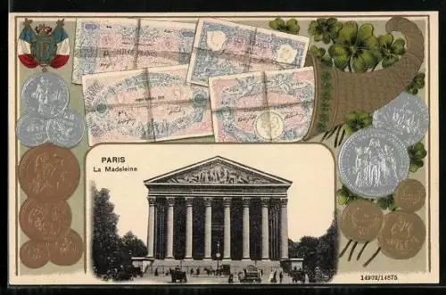 AK Paris, La Madeleine mit Geldscheinen und Münzen in einem Horn